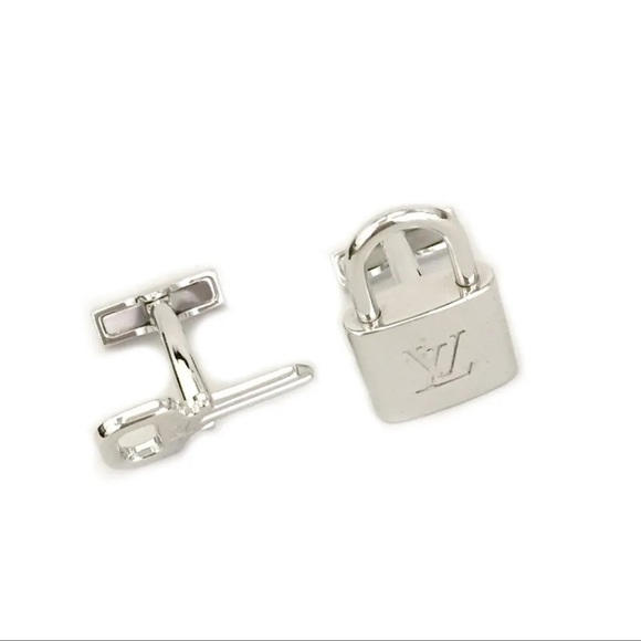 ☘️NEW Louis Vuitton Silver Lock & Key Cuff Links + Damier Ebene Case & Dust Bag - Picture 3 of 14